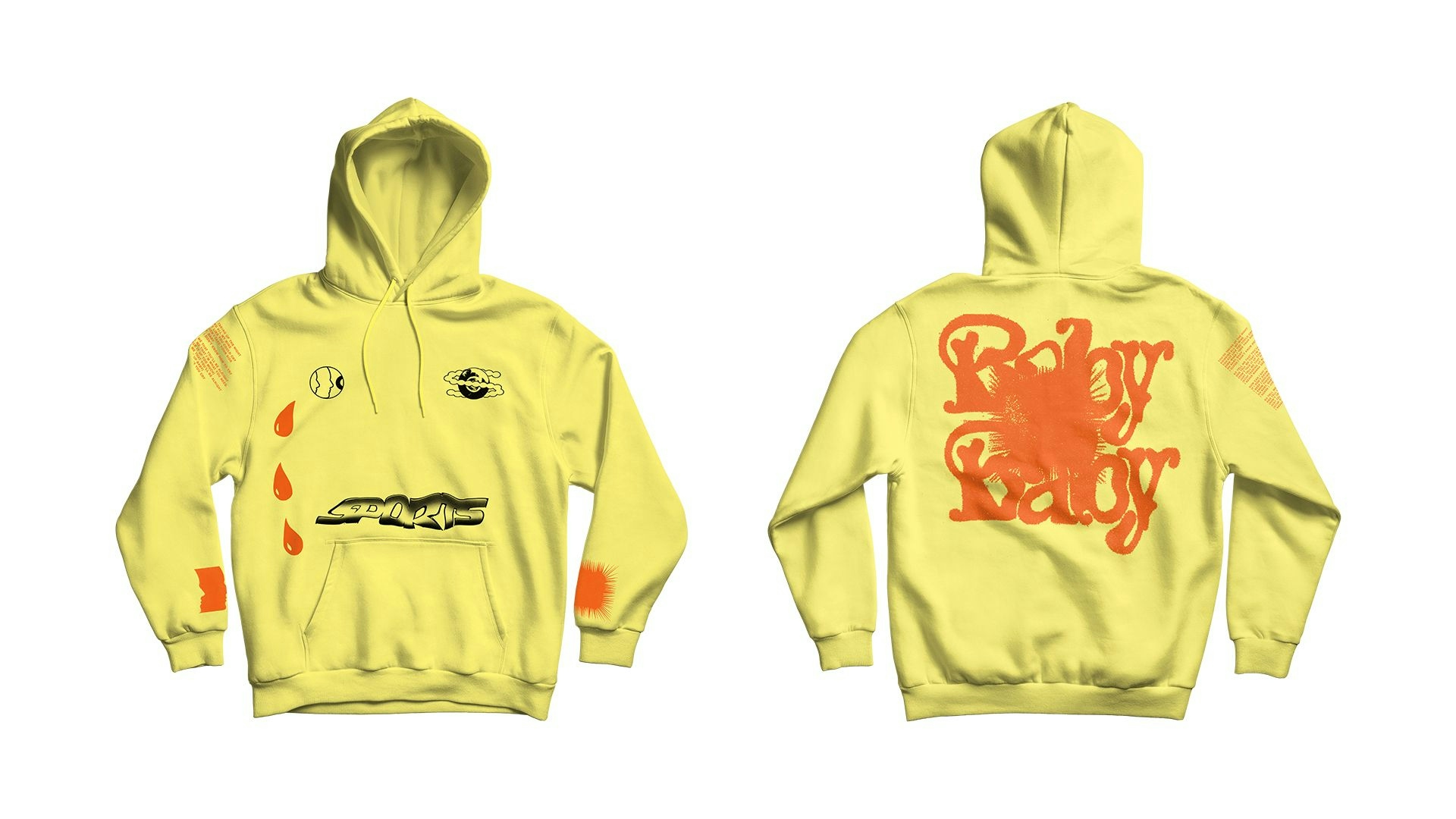 From the Sports Get A Good Look Album Campaign is a flat-lay of the yellow graphic hoodie