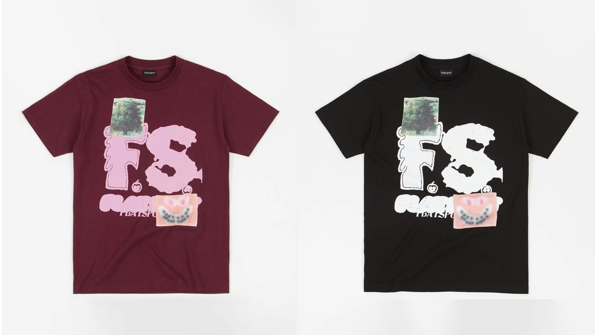 Flatspot AW21 Collection F.S. graphic tees in maroon and black
