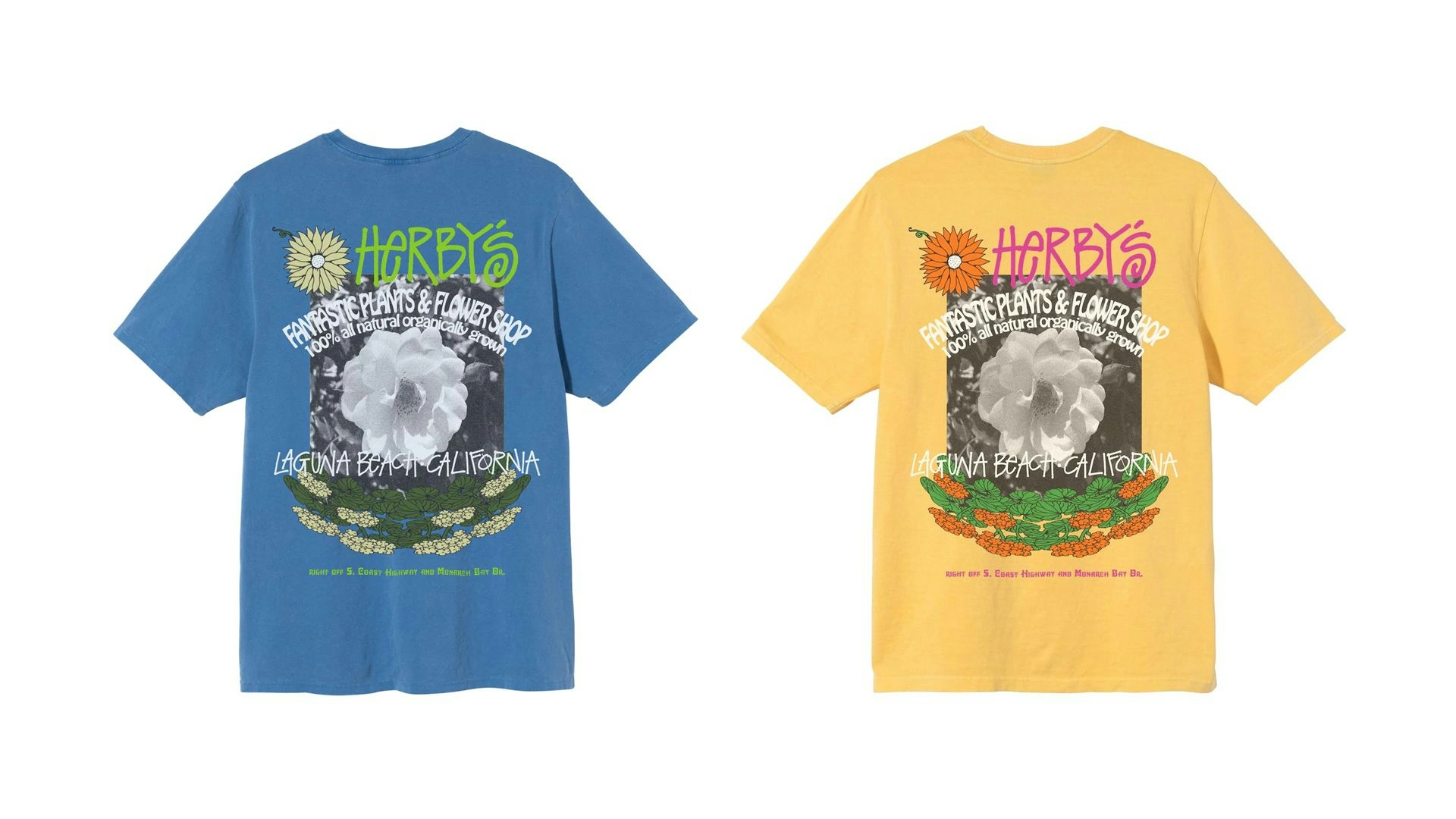 Graphic tees in blue and yellow flat-lay for the Stussy SS Printed Graphics capsule