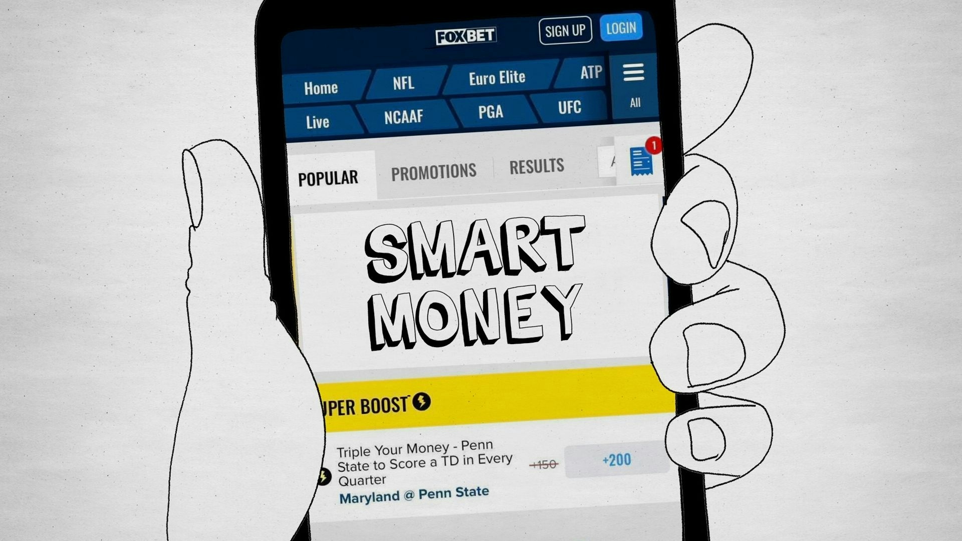 Illustrated hand holding a mobile device on the Fox Bet page for Fox Sports Bet Introduction Video