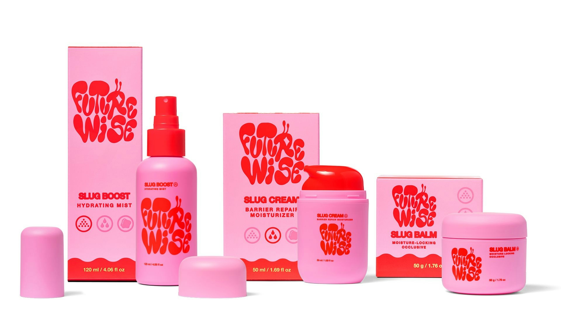 Futurewise packaging range for Slug Boost, Slug Cream, and Slug Balm products