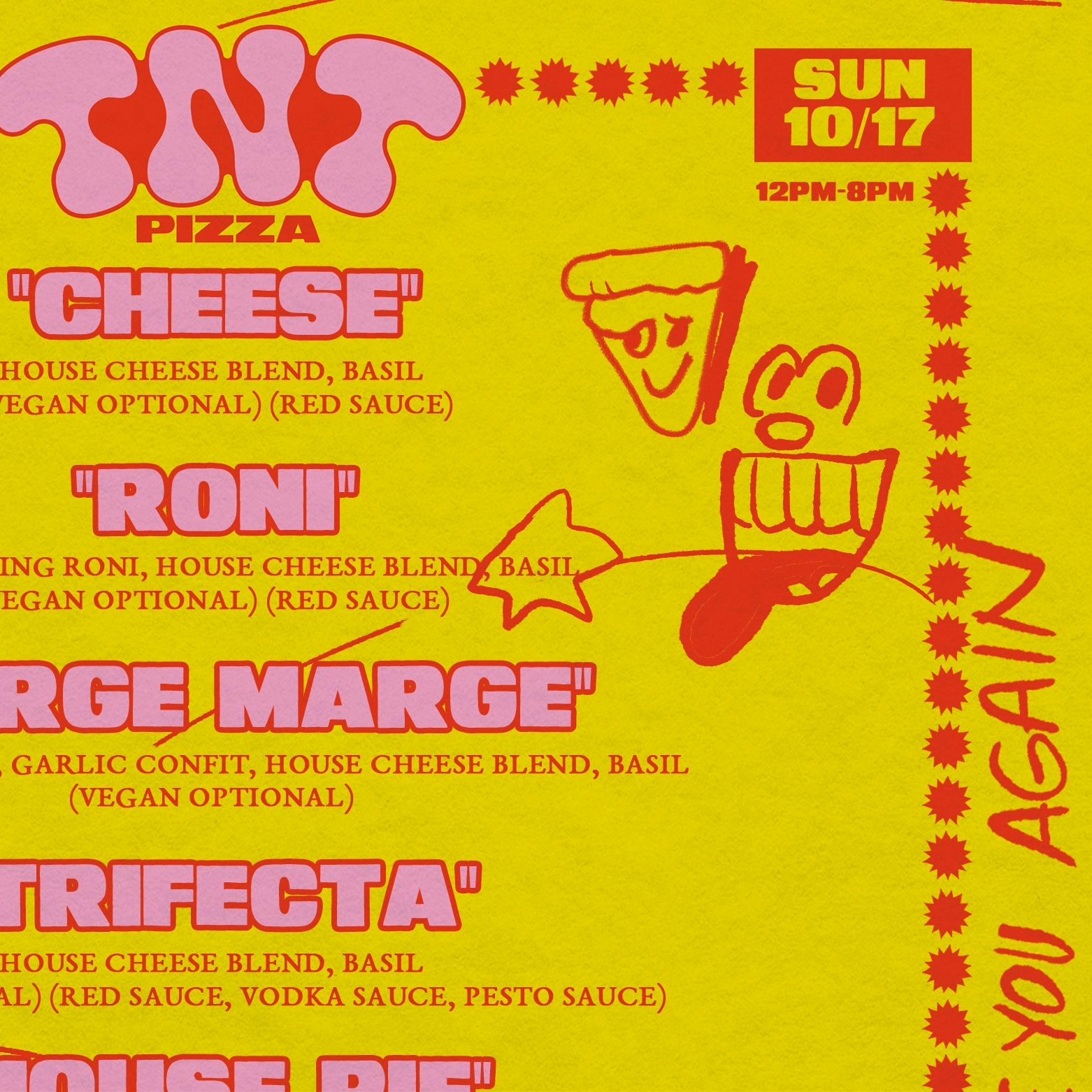 TNT Pizza yellow menu close-ups from the Brand Identity & Packaging project