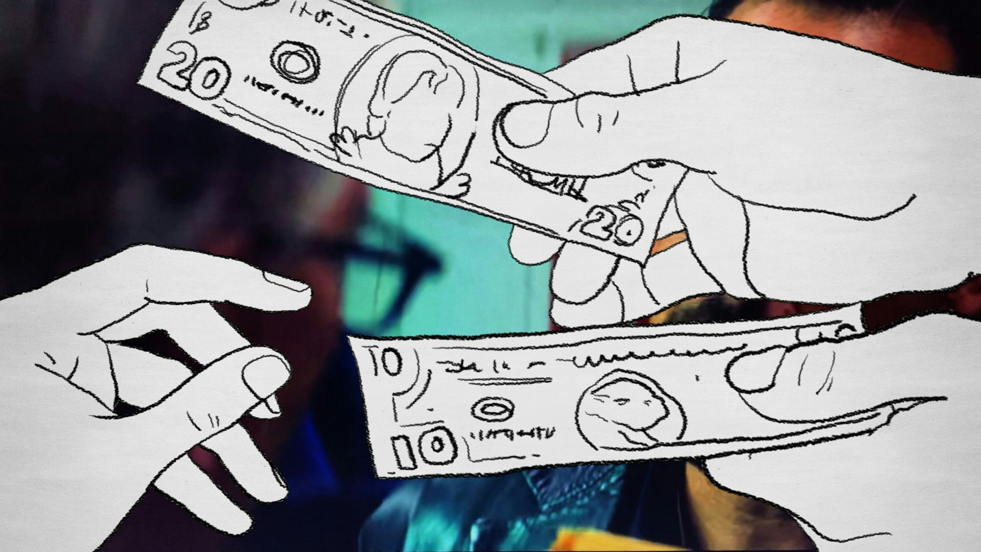 Illustrated hands exchanging bills from the Fox Sports Bet Introduction Video