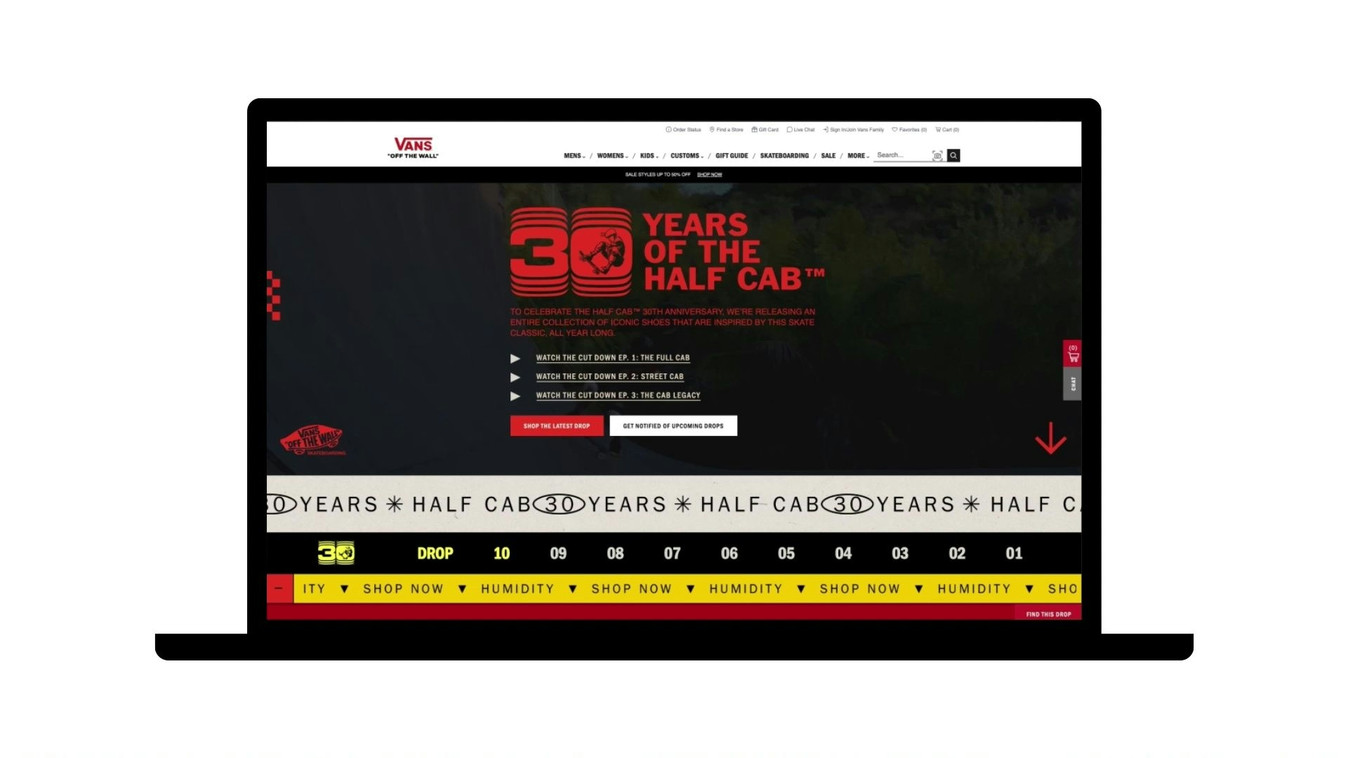 Video clip scrolling the maketing landing page design for the Vans 30 Years of the Half Cab Campaign