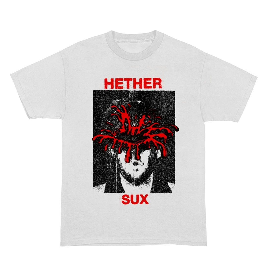 "Hether Sux" white graphic tee flat-lay