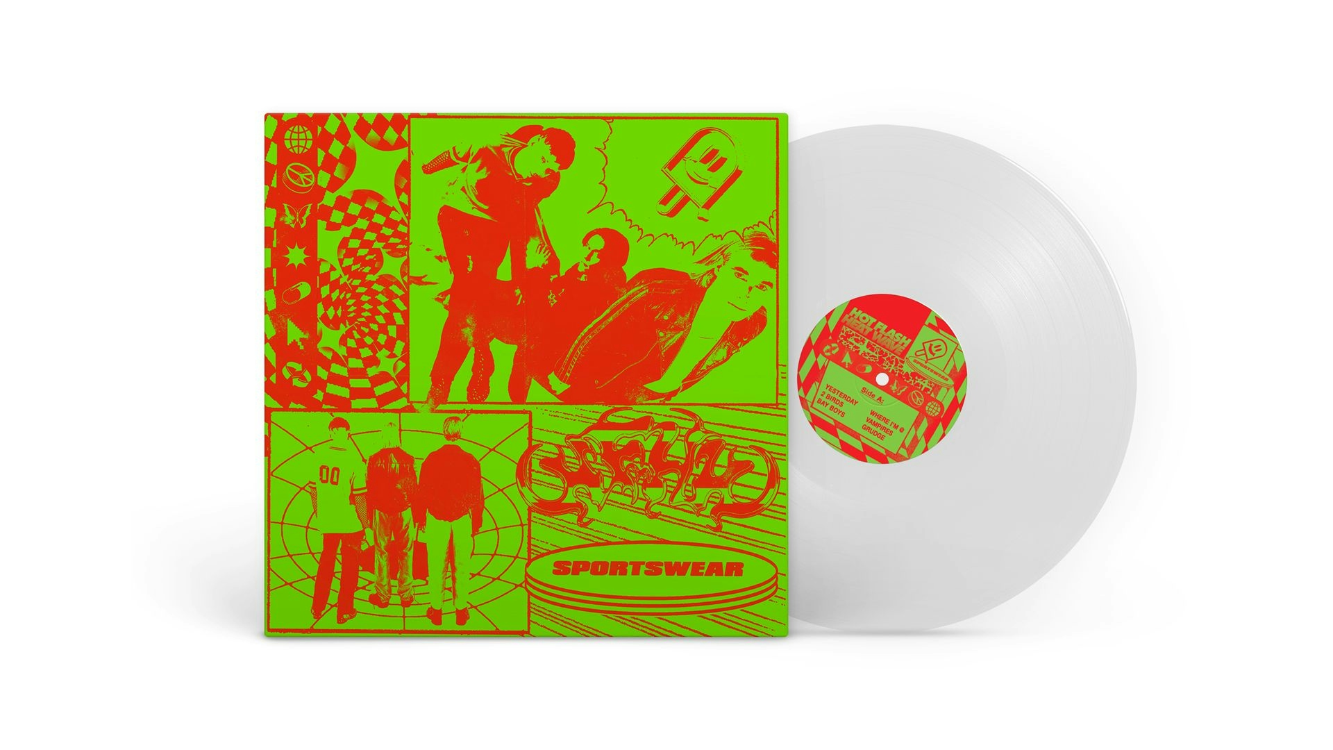 Hot flash Heat Wave Sportswear record sleeve and vinyl in green and red
