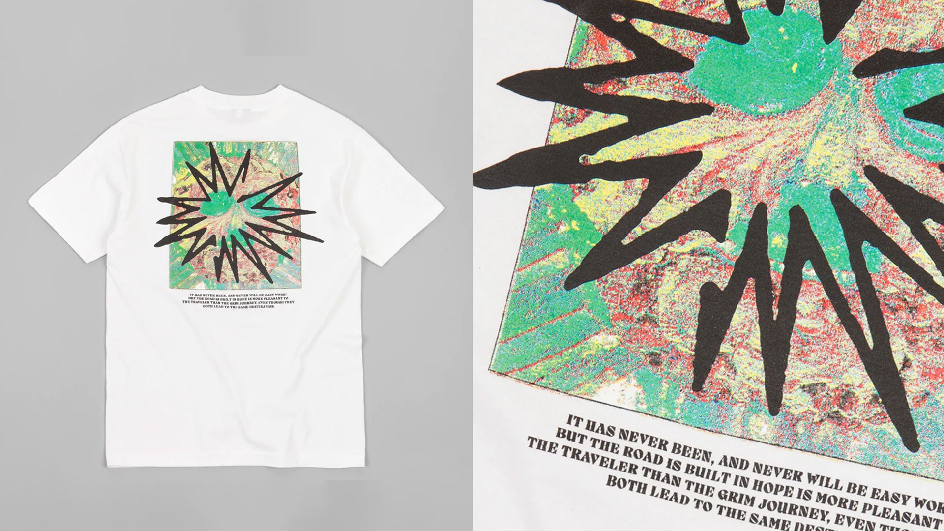 Flatspot AW21 Collection graphic tee in white flat-lay and close up of the design