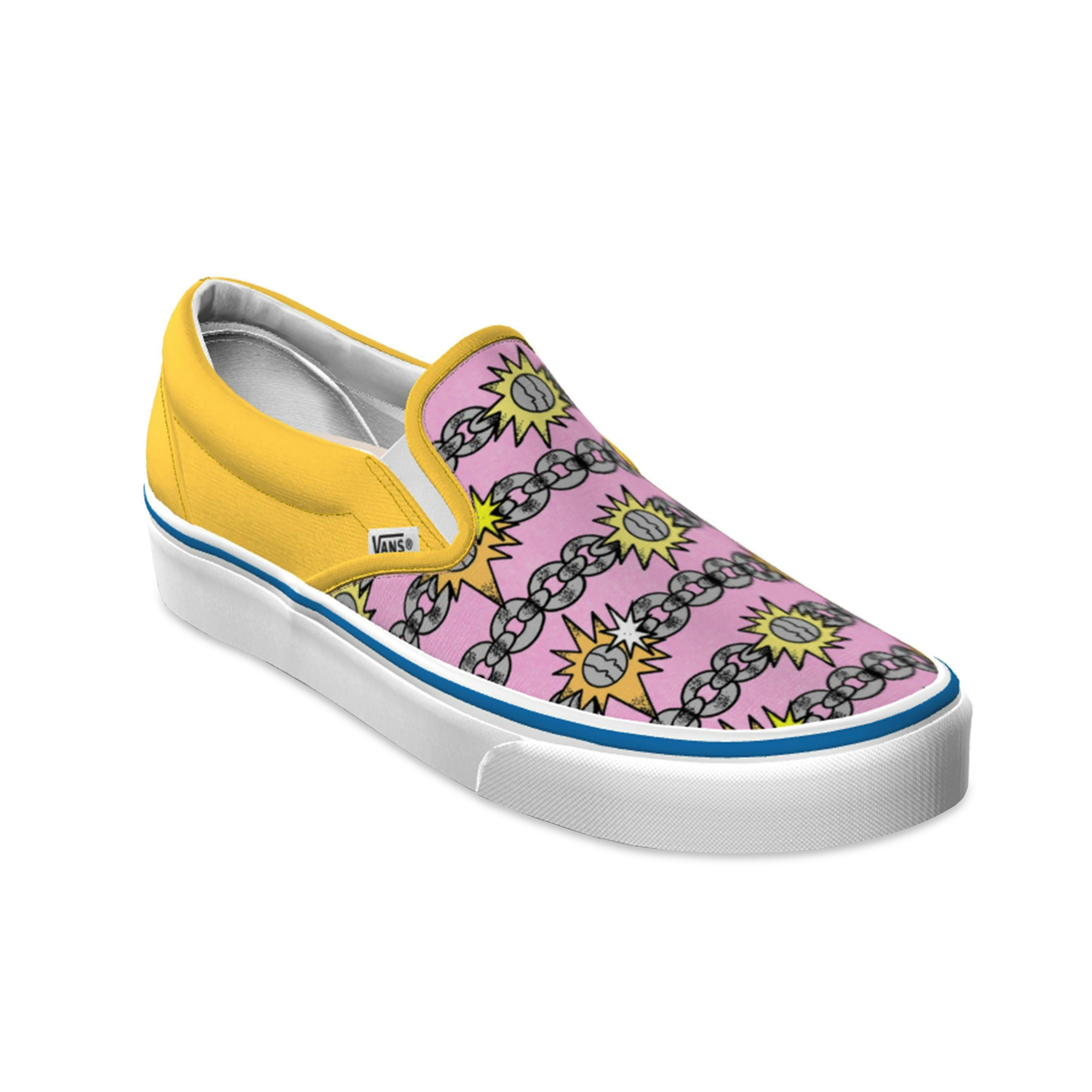 A yellow and pink vans slip-on shoe