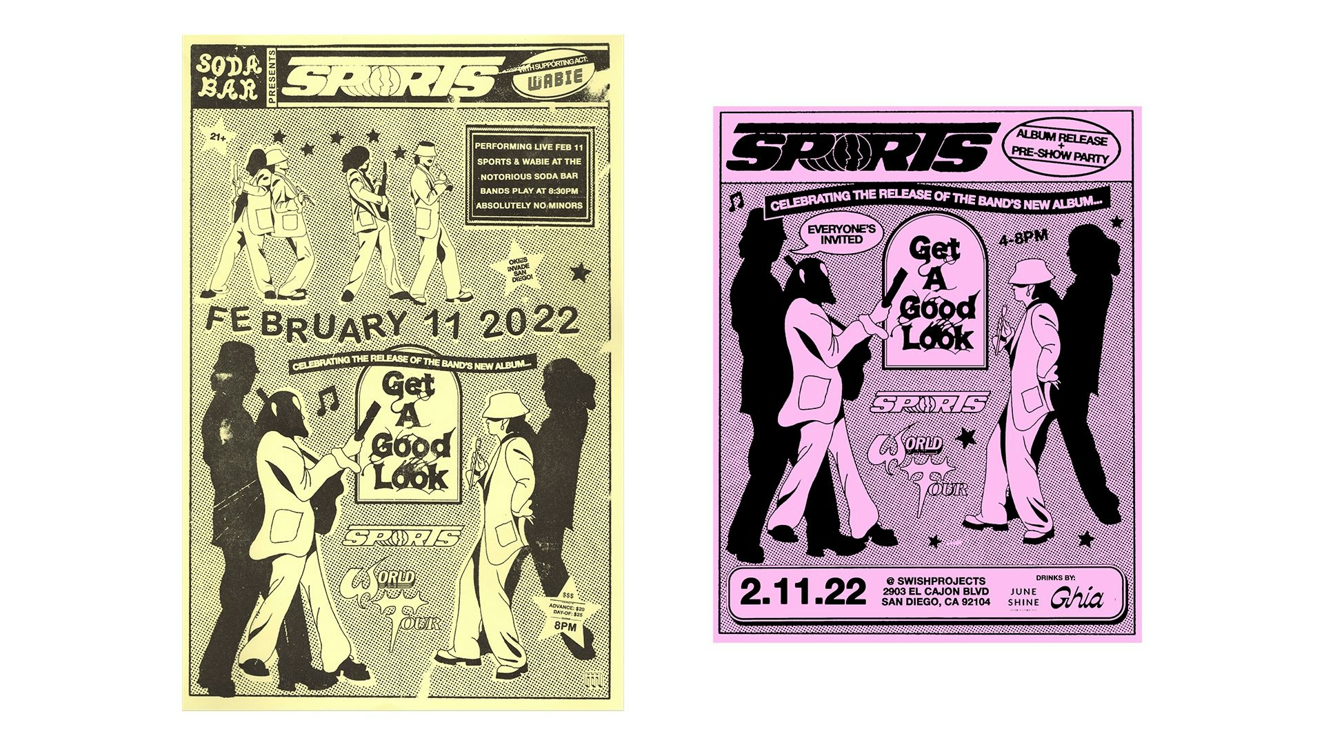 From the Sports Get A Good Look Album Campaign, flyers for the band playing shows in pink and yellow