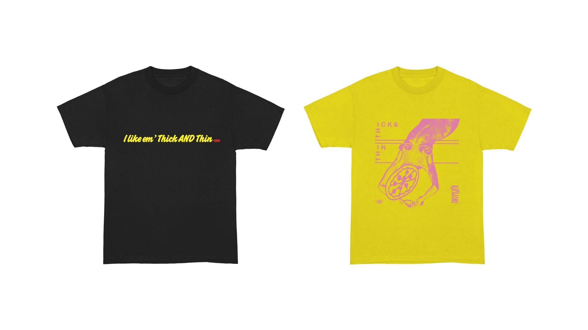 TNT Pizza black and yellow graphic tees from the Brand Identity & Packaging project