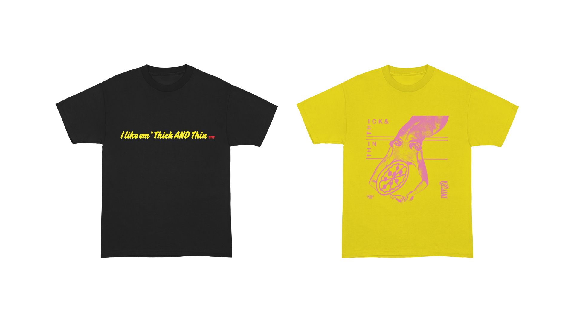 TNT Pizza black and yellow graphic tees from the Brand Identity & Packaging project