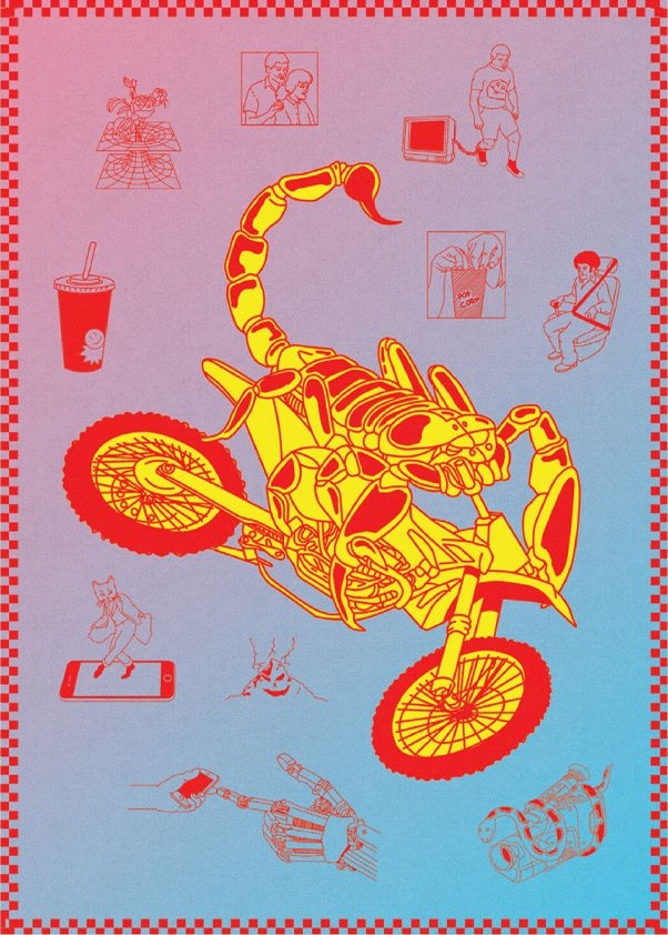 Adult Swim Drive-In illustrated poster of a scorpion riding a dirt bike