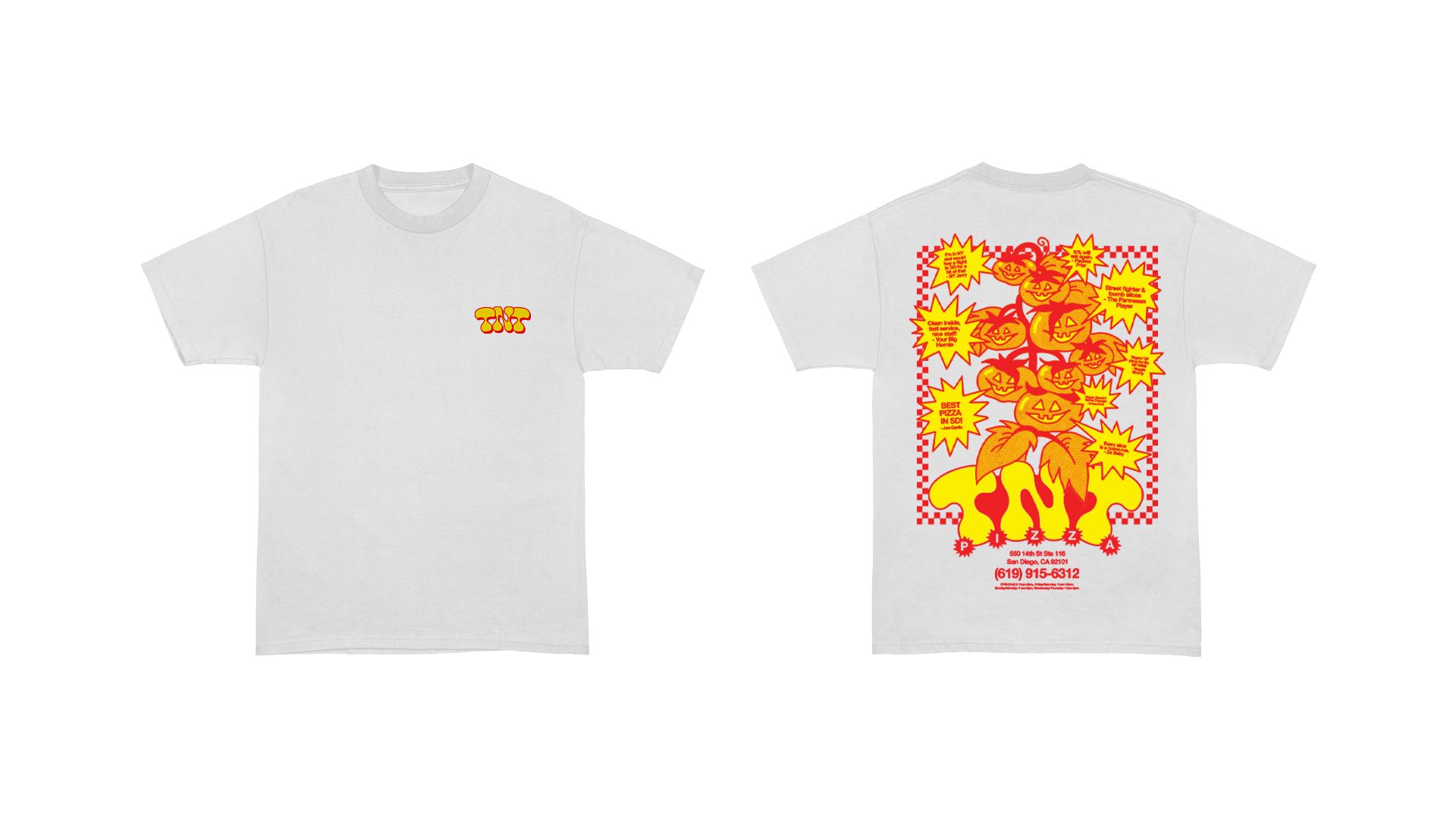TNT Pizza white graphic tee flat-lay from the Brand Identity & Packaging project