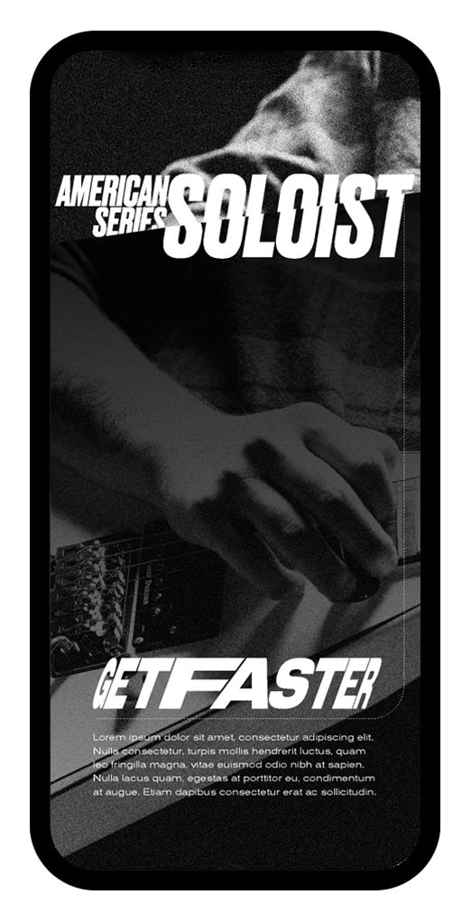 Jackson American Series Soloist campaign mobile device media reads "Get Faster" in stretched italics