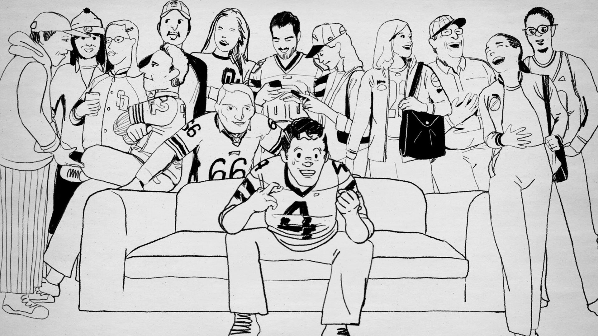 Crowd watching the game around the couch from the Fox Sports Bet Introduction Video