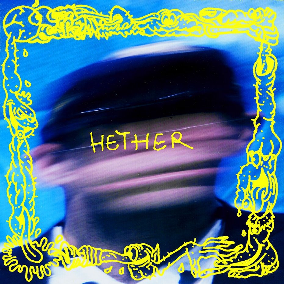 Hether Album art featuring a blurred blue headshot photo with a yellow illustrated border
