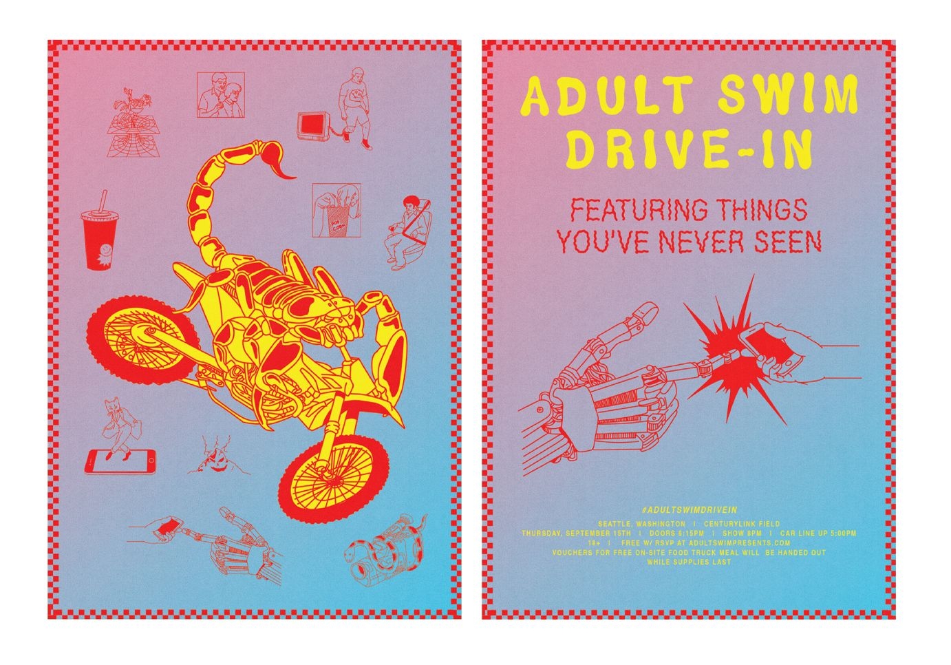 Adult Swim Drive-In flyer media reads: featuring things you've never seen