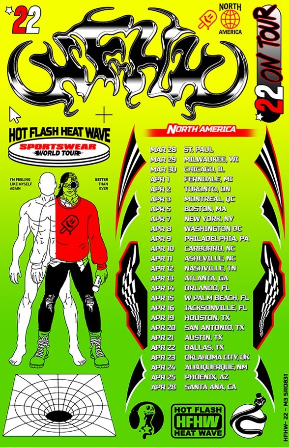 Hot flash Heat Wave Sportswear World Tour poster in green featuring logos, illustrations, and tour dates